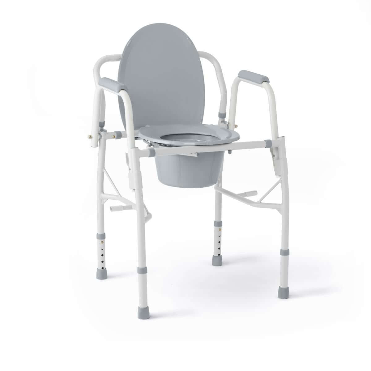 Drop arm commode with white steel frame, gray seat and backrest, removable bucket, padded armrests, and height-adjustable
