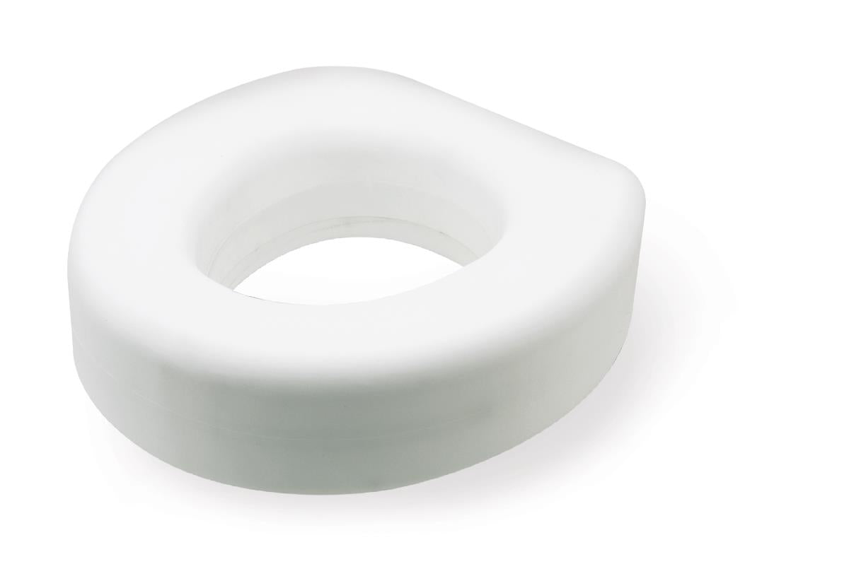 Raised toilet seat in white plastic with open front design, shown at an angle on white background