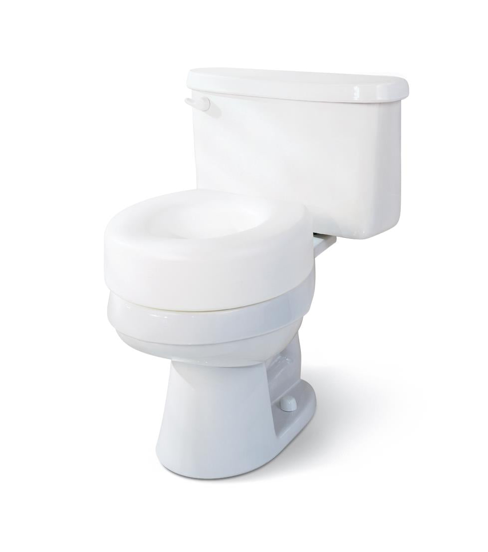 Raised toilet seat in white plastic installed on a standard round toilet, shown on white background