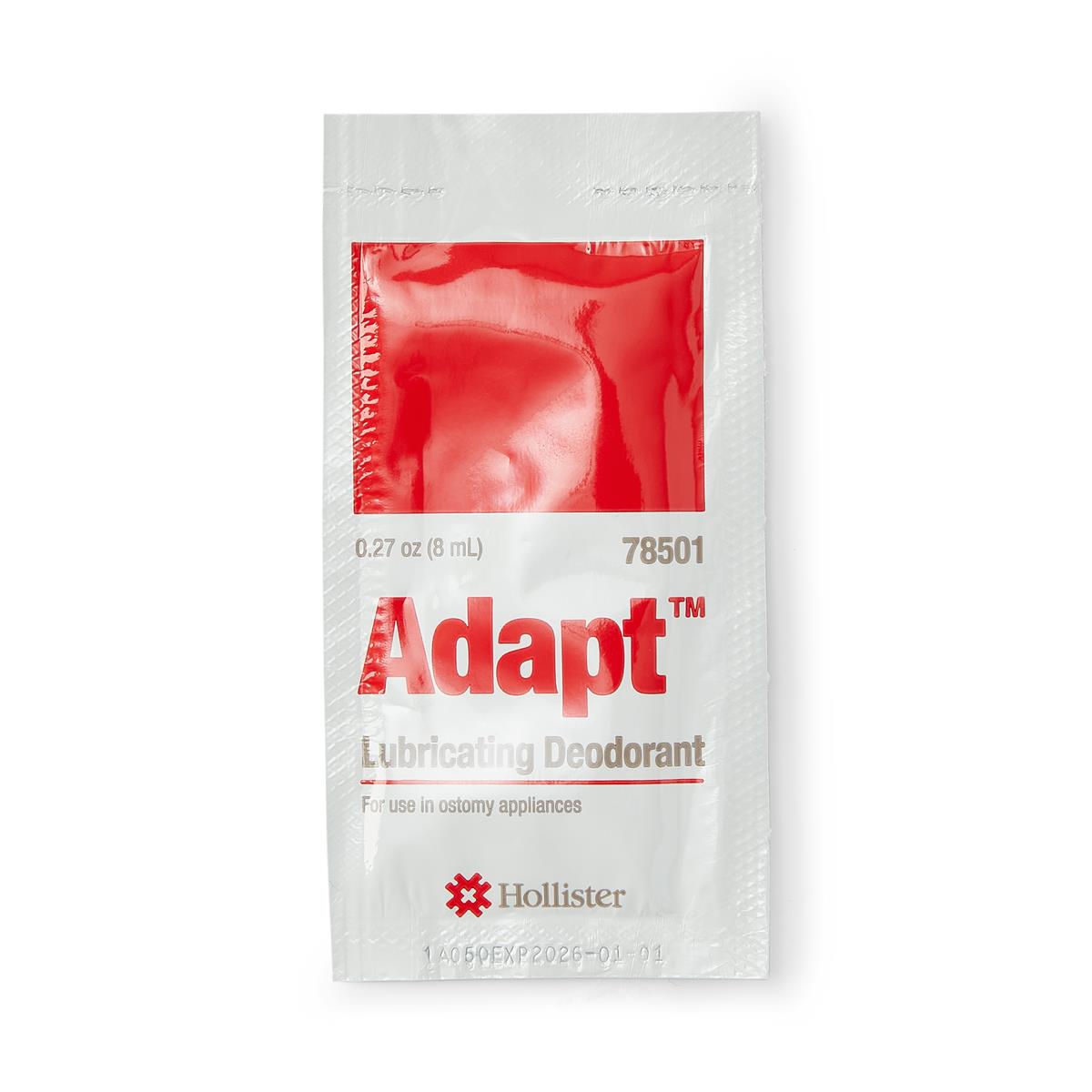 Hollister Adapt Lubricating Deodorant single-use packet, 0.27 oz, white and red packaging for ostomy appliances