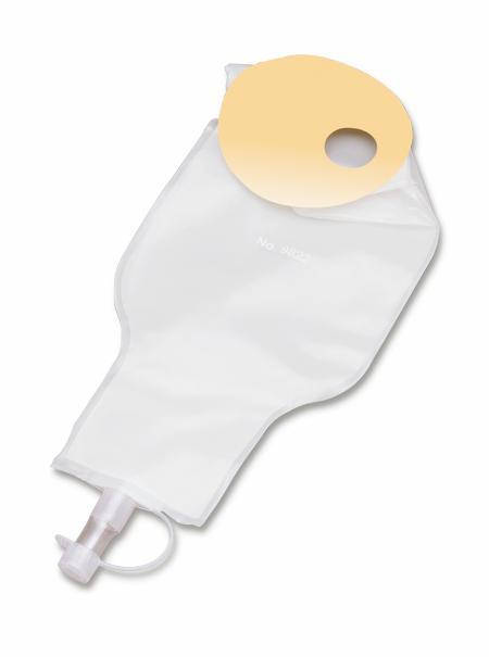 Drainable fecal collector pouch with oval skin barrier wafer and bottom drain valve, shown flat on white background