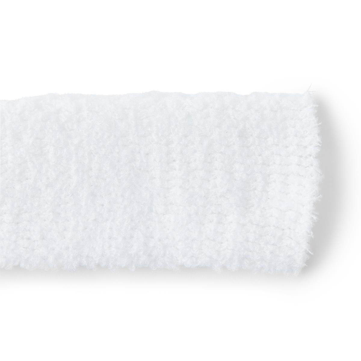 Elastic net stretch fabric in white showing soft, looped terry-like texture with frayed cut edges on a white background
