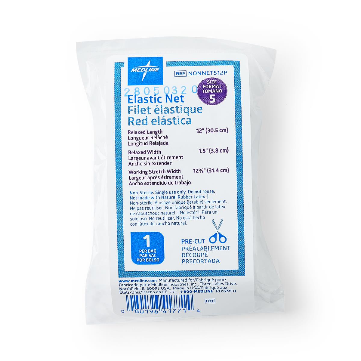 Elastic net bandage in sealed clear packaging, size 5, pre-cut, single use, latex-free, with blue and white label