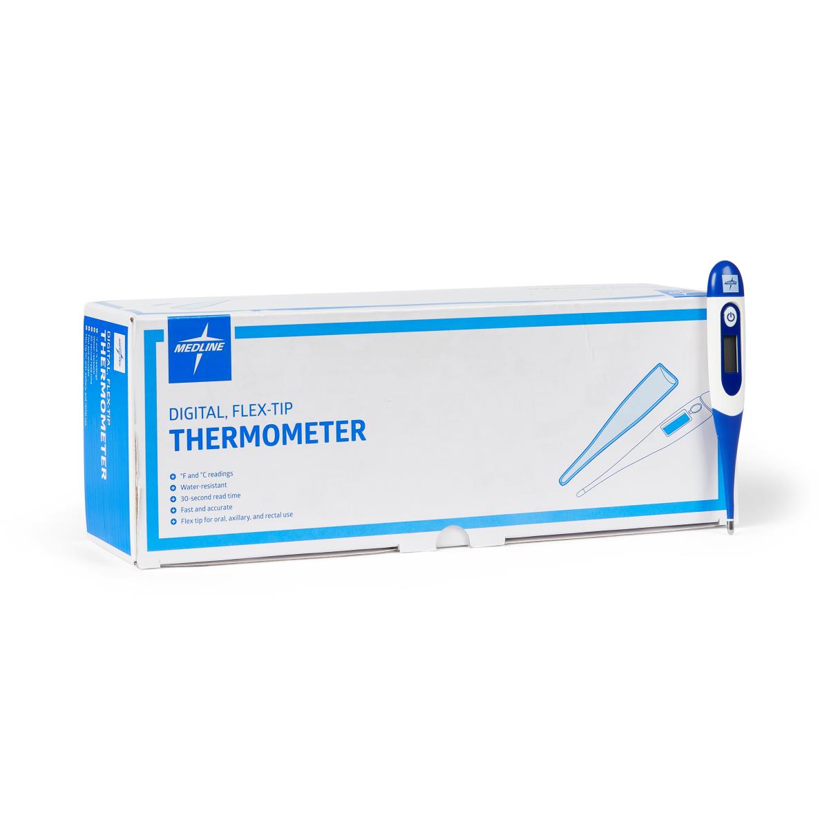 Digital flex-tip stick thermometer with blue and white packaging and thermometer leaning against the box