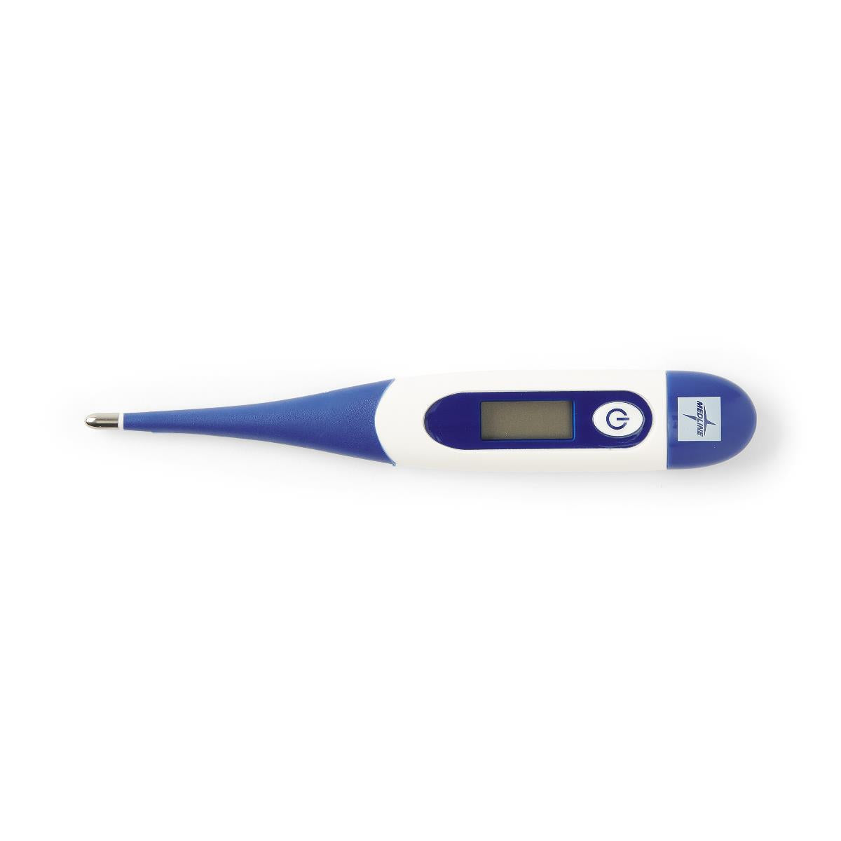 Digital stick thermometer with blue flexible tip, LCD display, and power button on white body, shown on white background