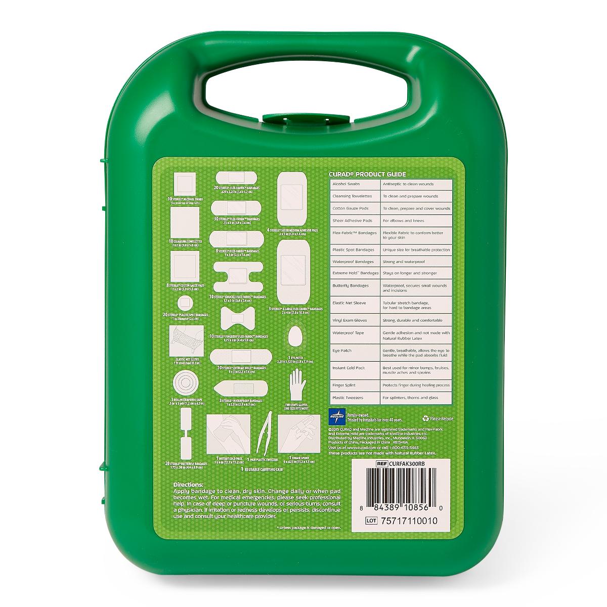 First aid kit case back panel showing green hard plastic carry case with product guide, contents diagram, and barcode