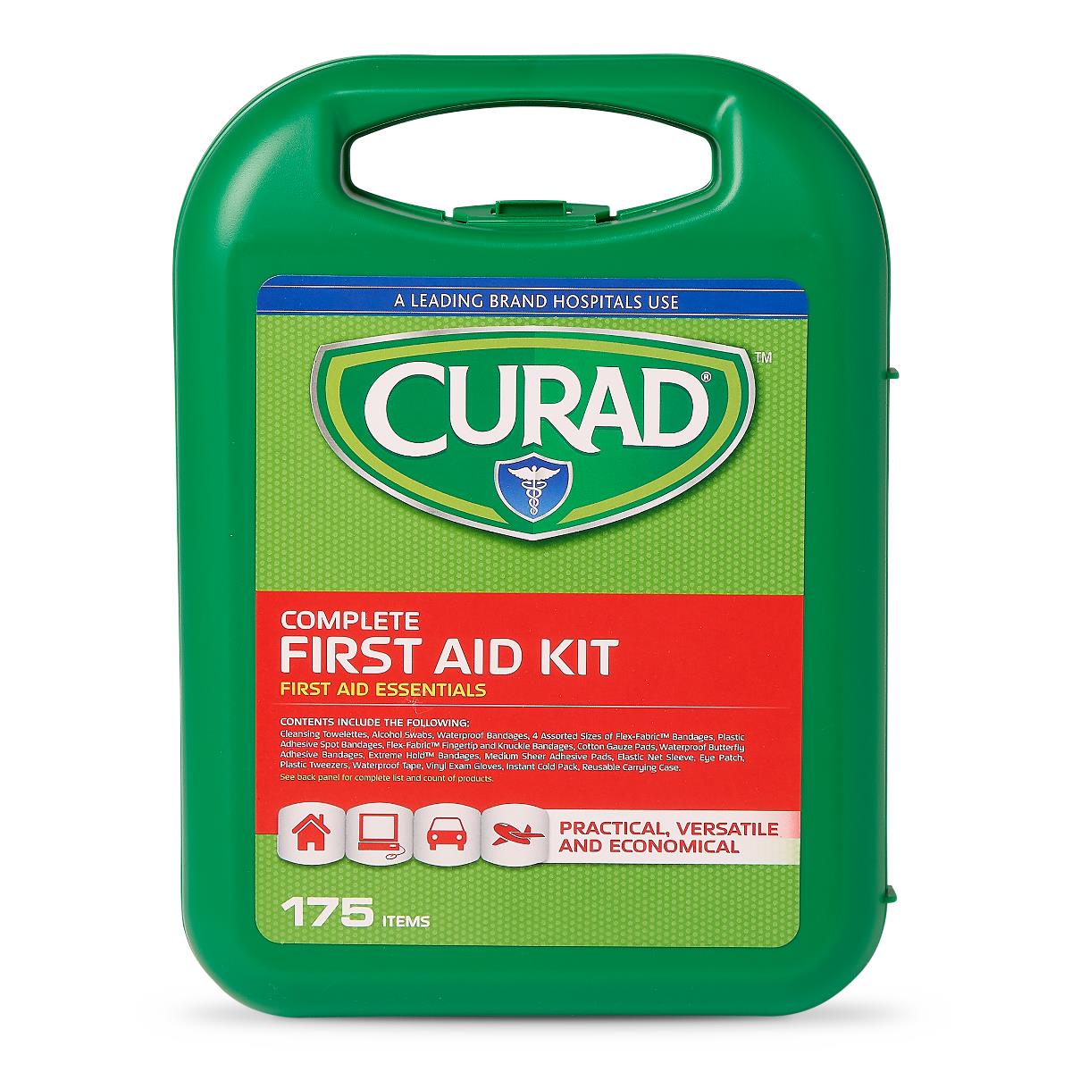First aid kit in green hard-sided carrying case labeled Curad Complete First Aid Kit with 175 items