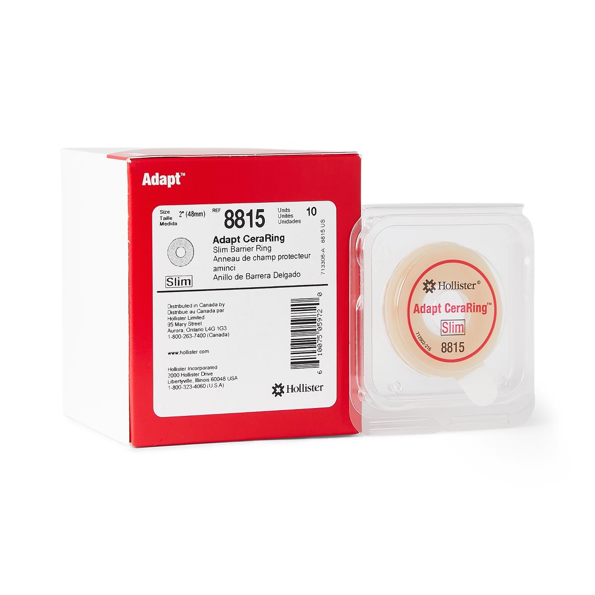 Hollister Adapt CeraRing slim barrier ring box of 10 beside a single ring in clear plastic casing, white background