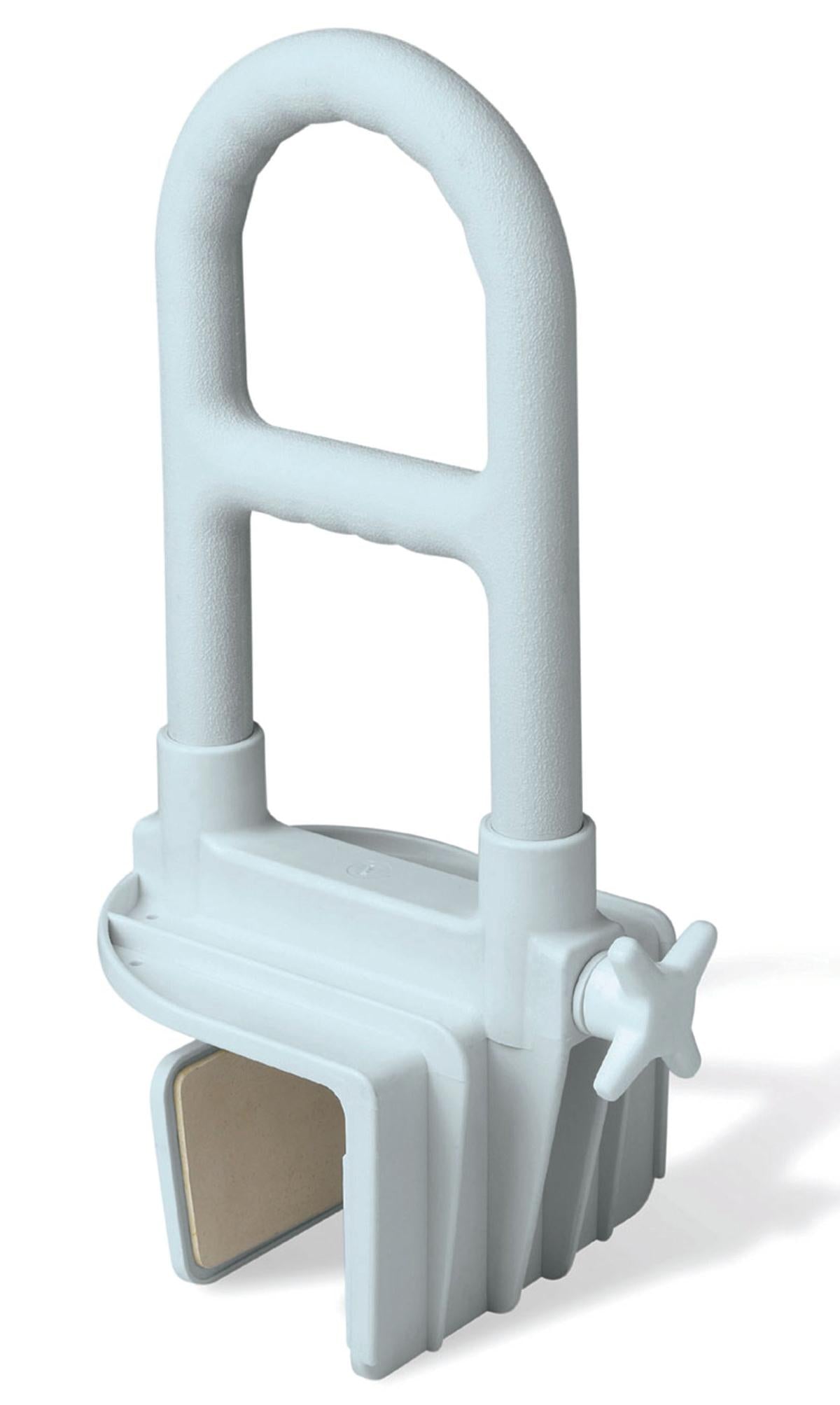 Bathtub grab bar in white with arched dual-grip handle, clamp-on base with tightening knob, and non-slip pad
