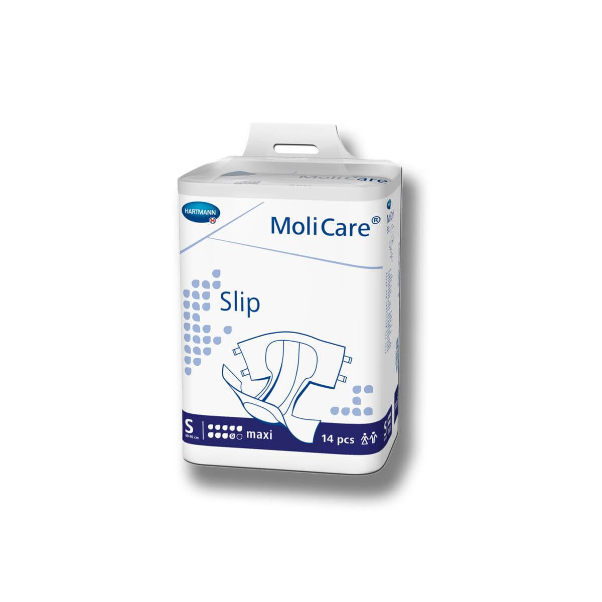 Adult brief package, MoliCare Slip Maxi size small, white and navy packaging, 14 count, by Hartmann