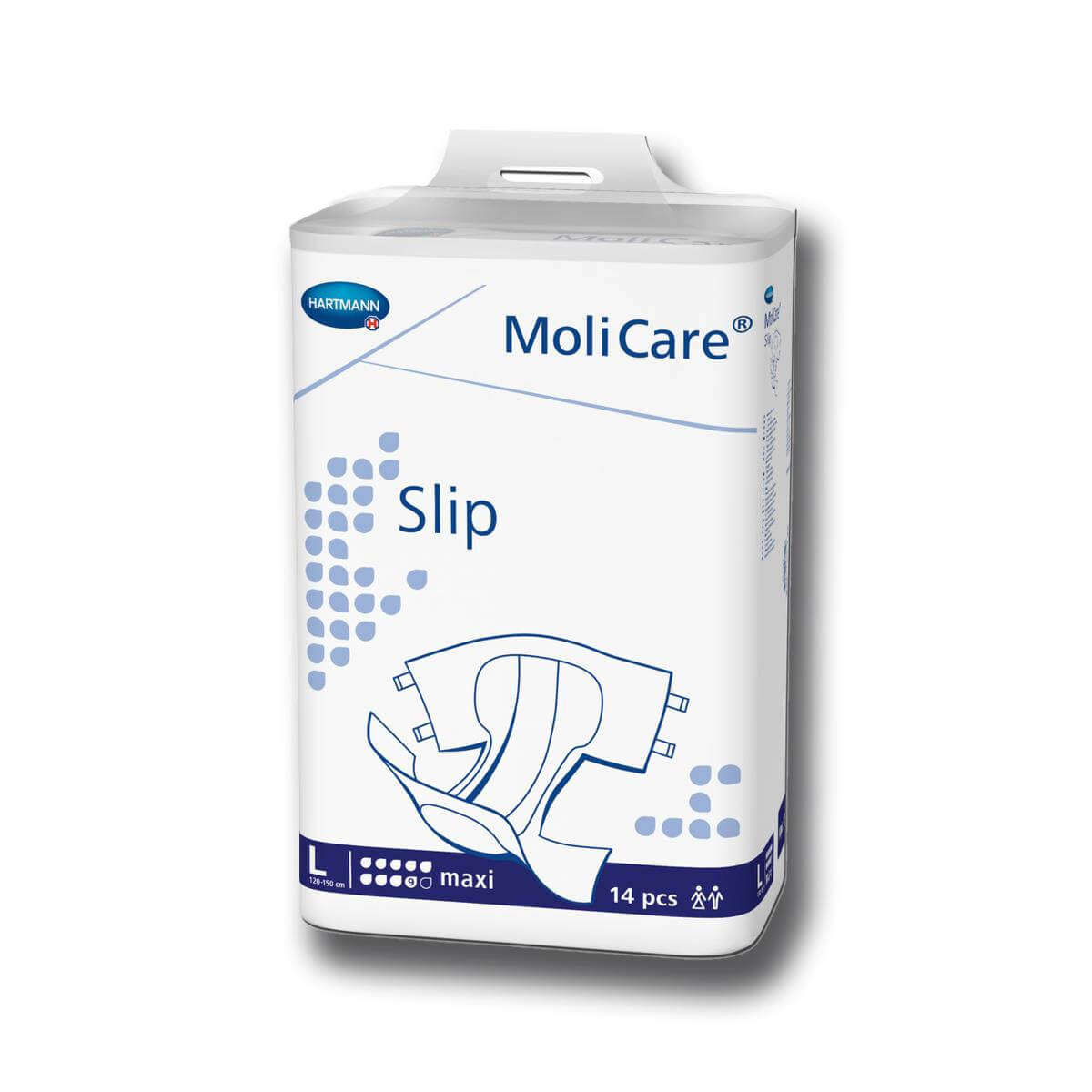 MoliCare Slip Maxi Brief packaging, size Large, 14-count, white and blue bag with brief illustration
