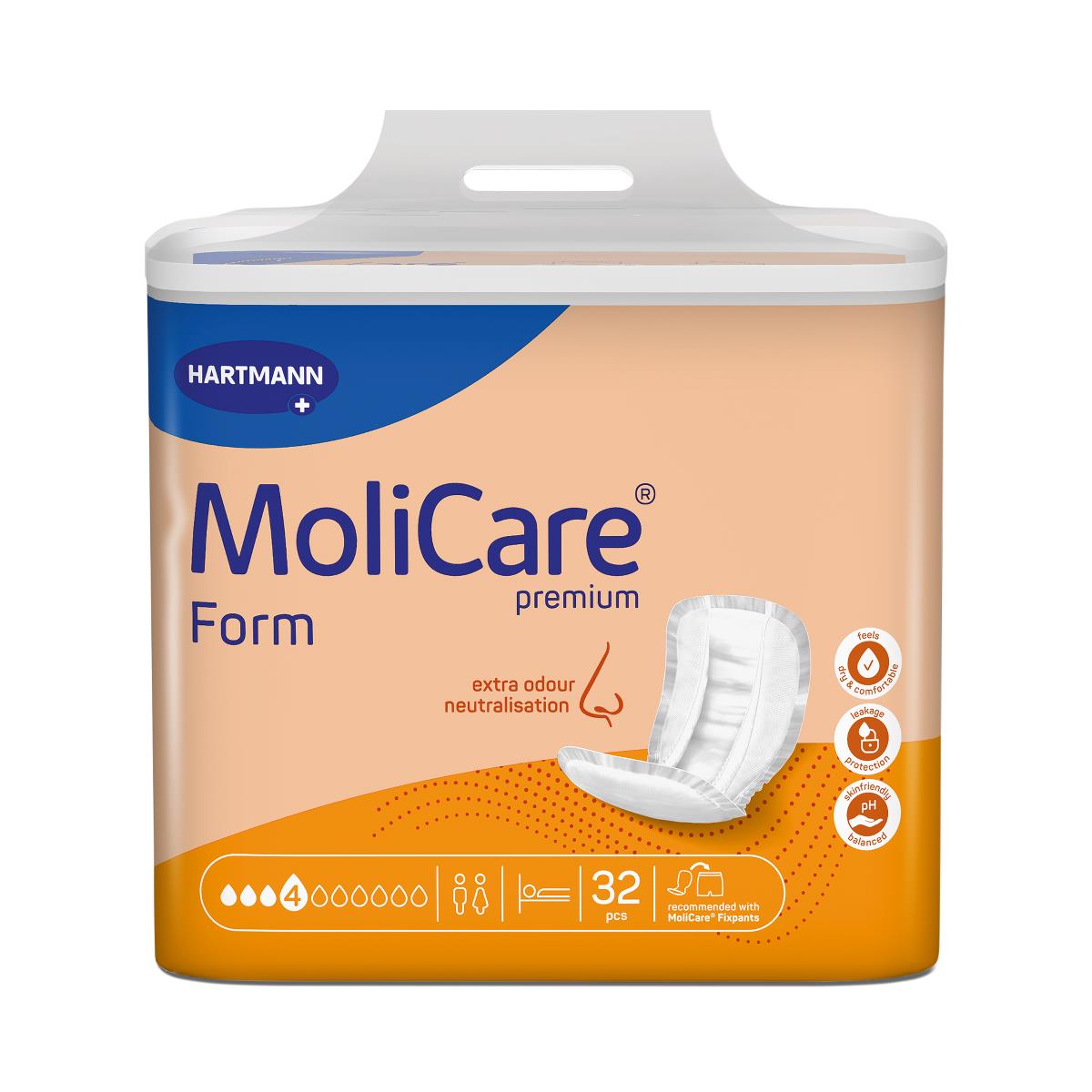 Incontinence liner pads in MoliCare Premium Form packaging, peach and orange with blue text, 32-count resealable bag