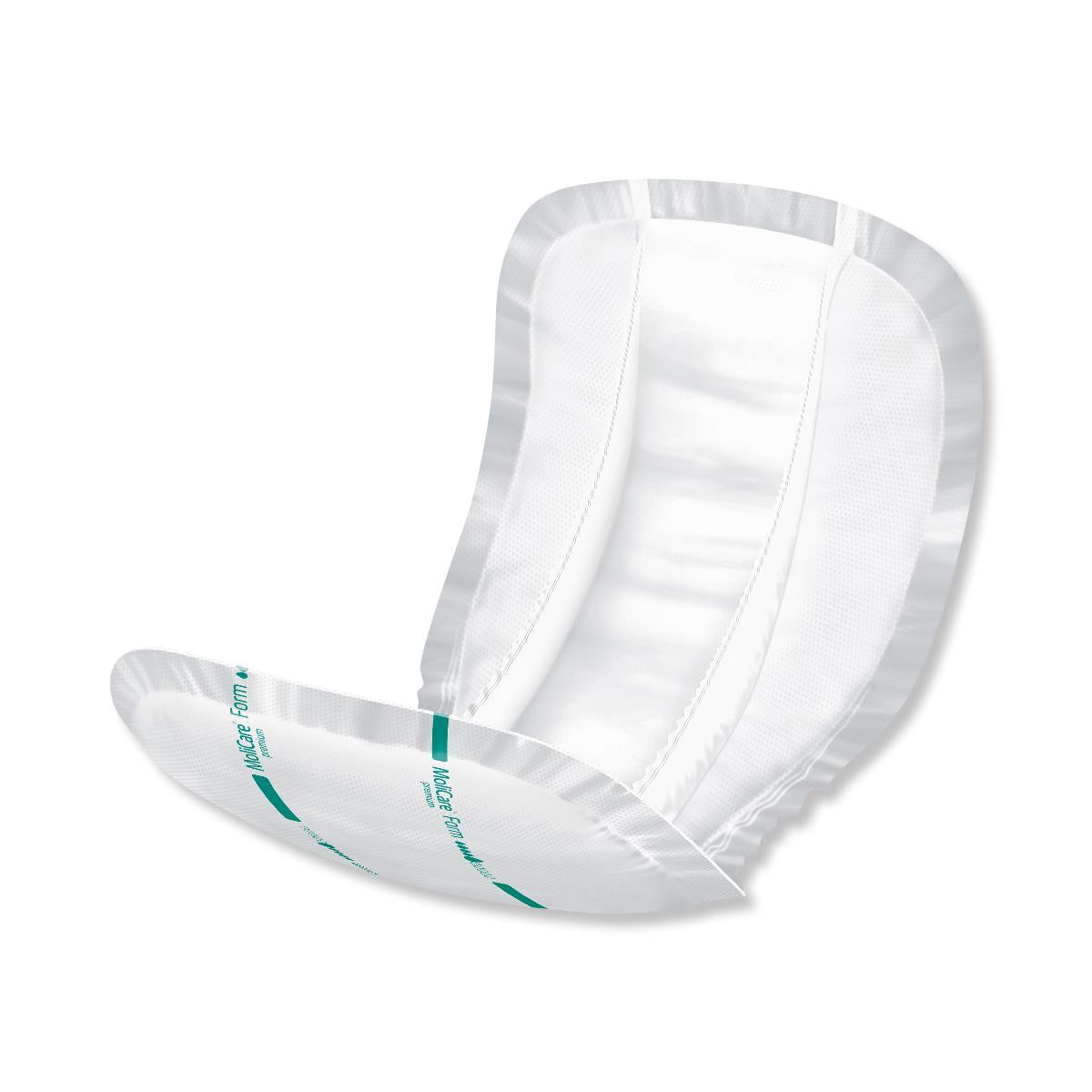 MoliForm Soft incontinence liner shown at an angle, white with teal trim, displaying contoured shape and quilted inner