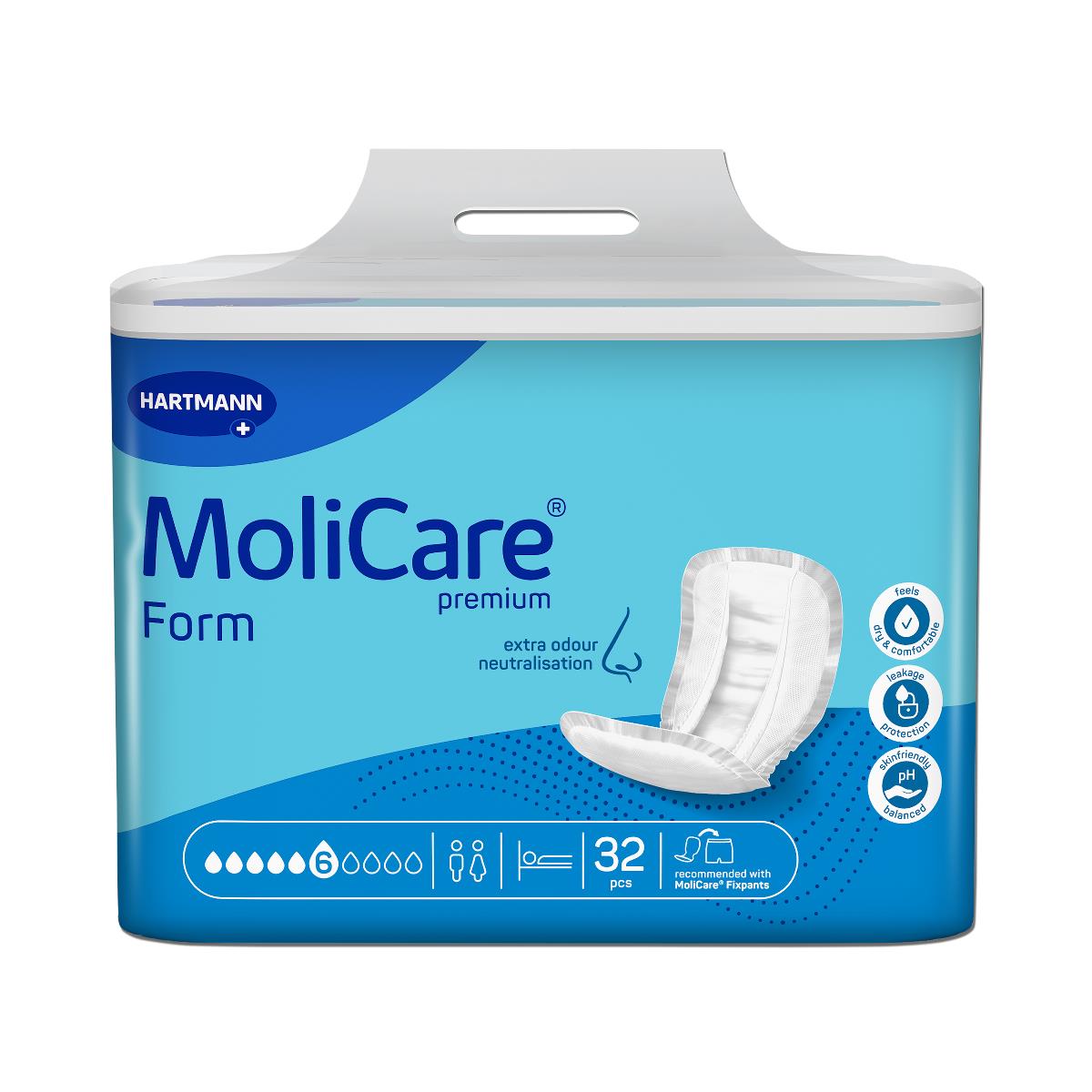 Incontinence form pad package by MoliCare Premium, light blue bag with handle, 32-count, 6-drop absorbency rating shown on