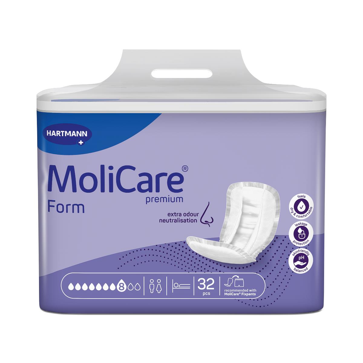 MoliCare Premium Form incontinence pad liners in purple and white packaging, 32-count bag with absorbency icons