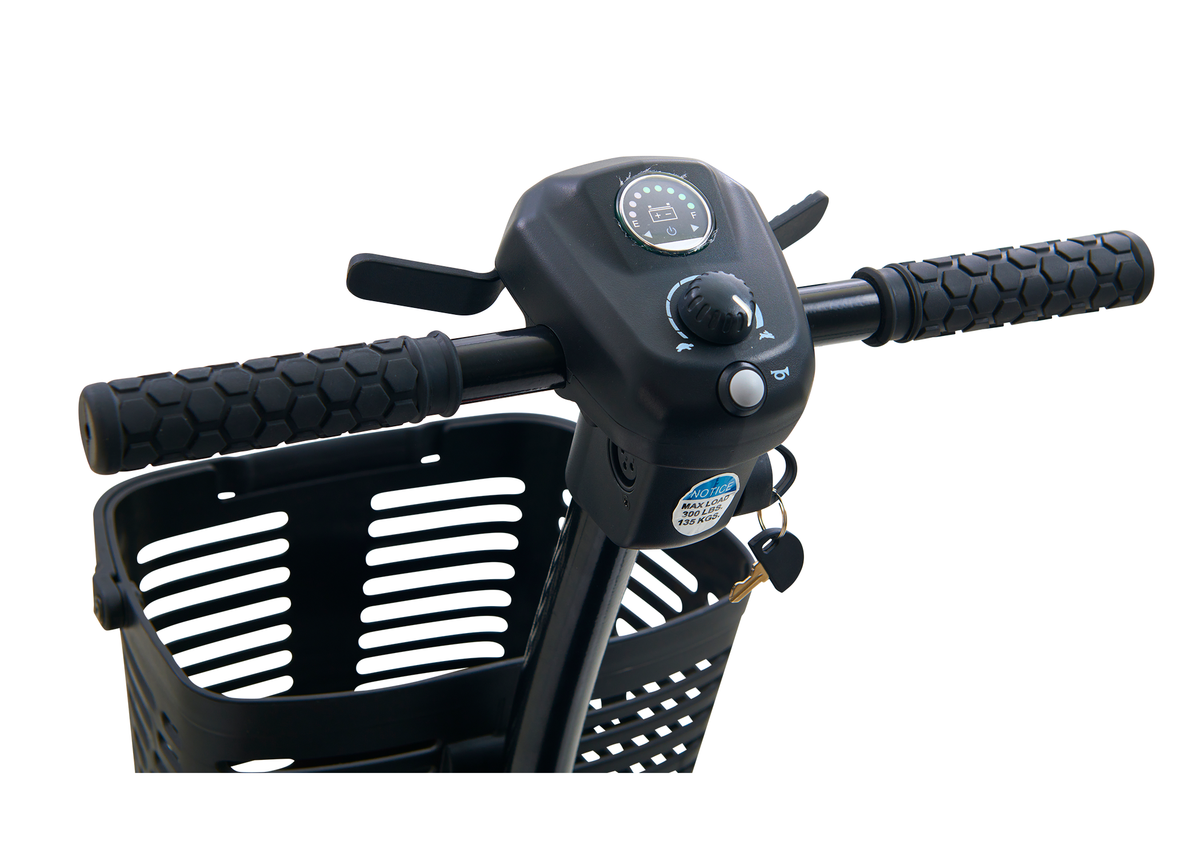 Power scooter tiller with black rubber handlebar grips, battery indicator, speed dial, and front storage basket