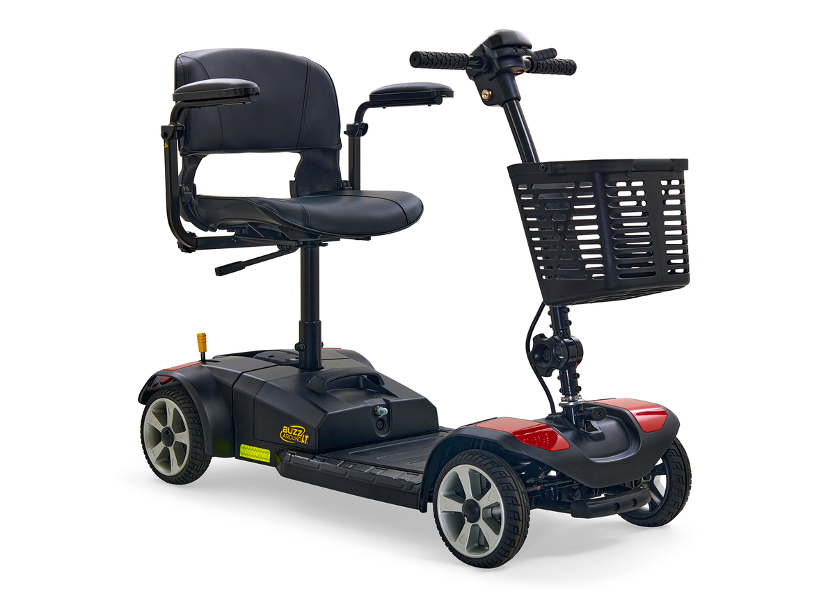 BuzzAround LT 4-wheel mobility scooter in black and red with padded seat, armrests, tiller handlebars, and front storage