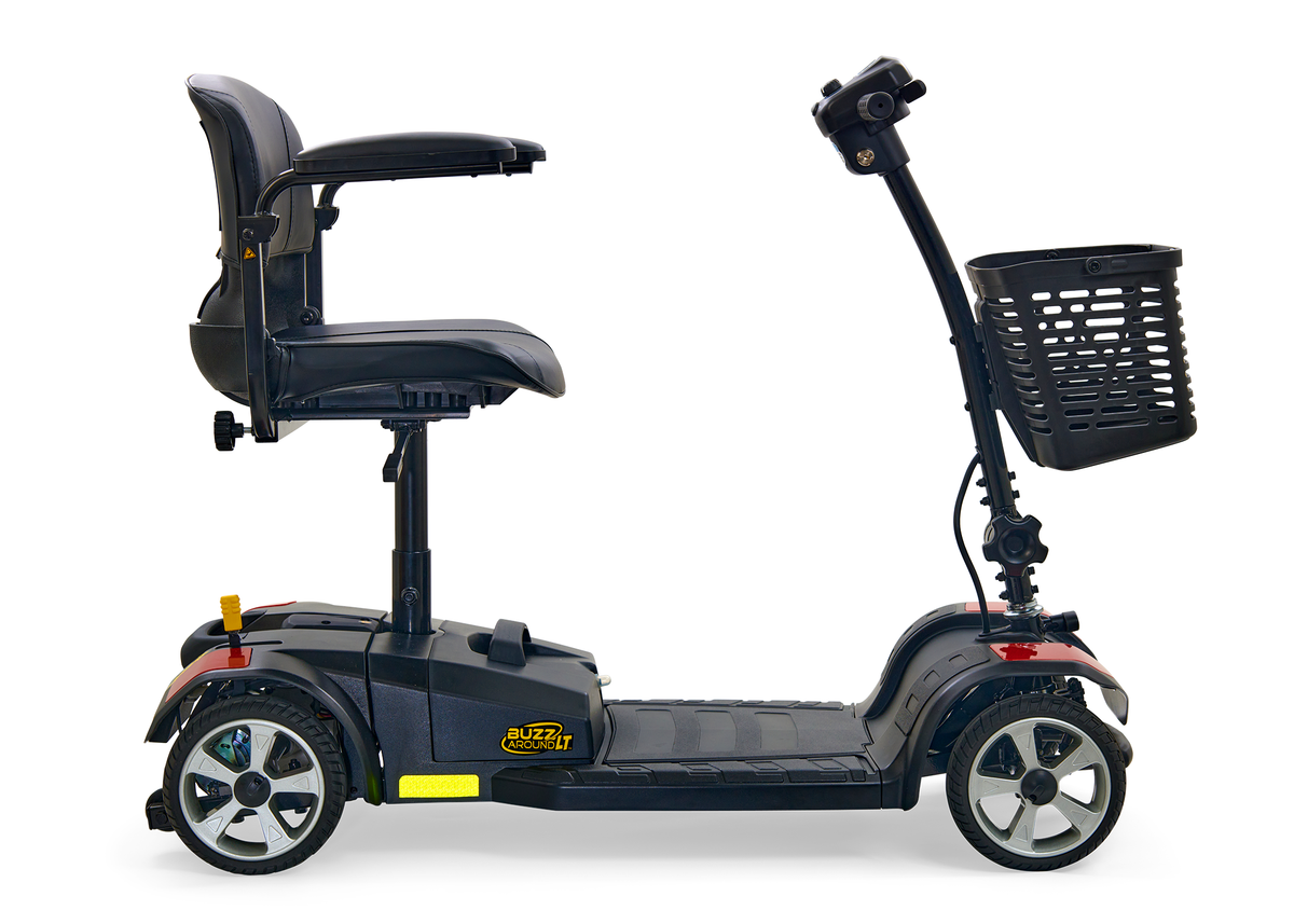 BuzzAround LT 4-wheel mobility scooter in dark blue with padded seat, front basket, and tiller, shown from the side