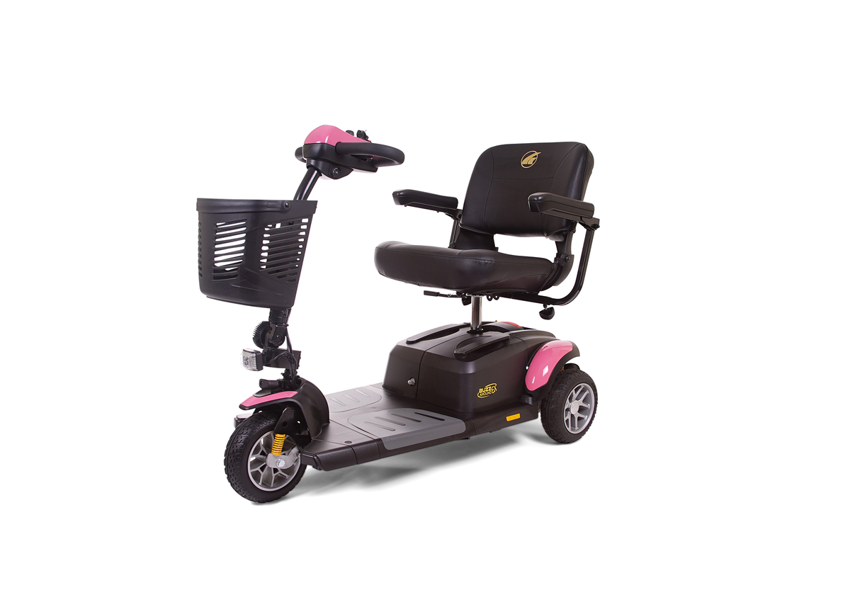 3-wheel mobility scooter in black and pink with padded captain's seat, front storage basket, and tiller handlebar controls