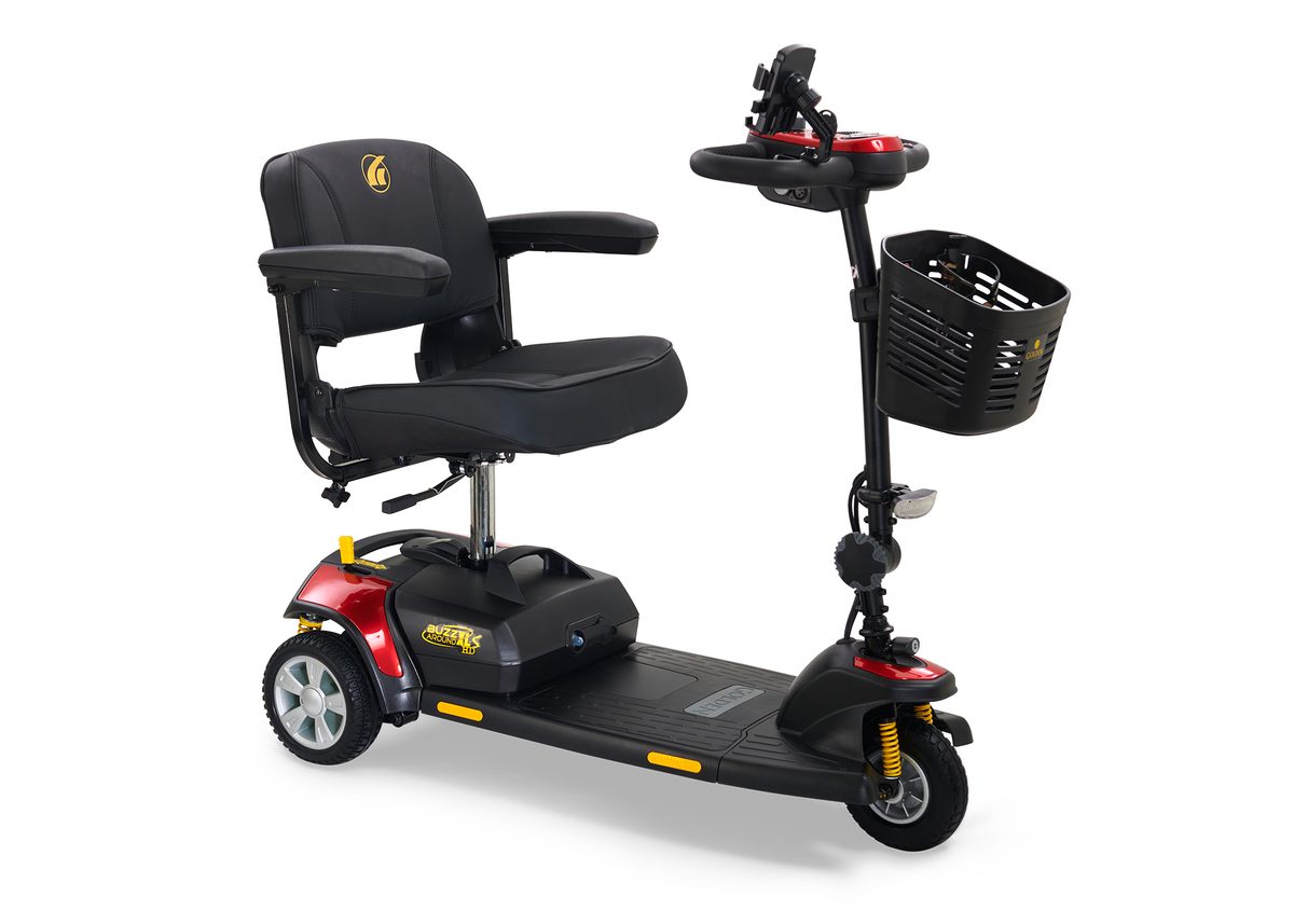 BuzzAround XL 3-wheel mobility scooter in red and black with padded seat, tiller controls, and front storage basket