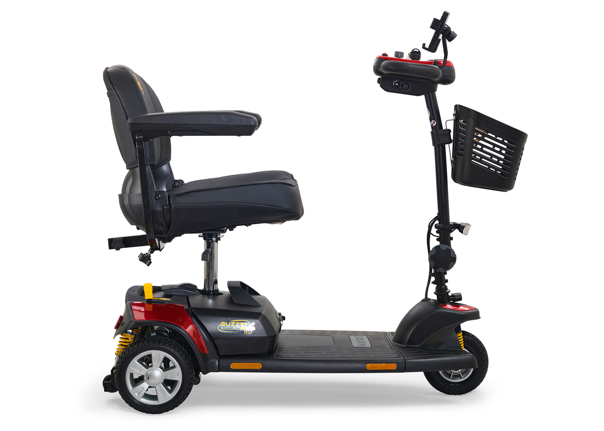3-wheel power mobility scooter in red and black with padded seat, armrests, tiller controls, and front storage basket, side