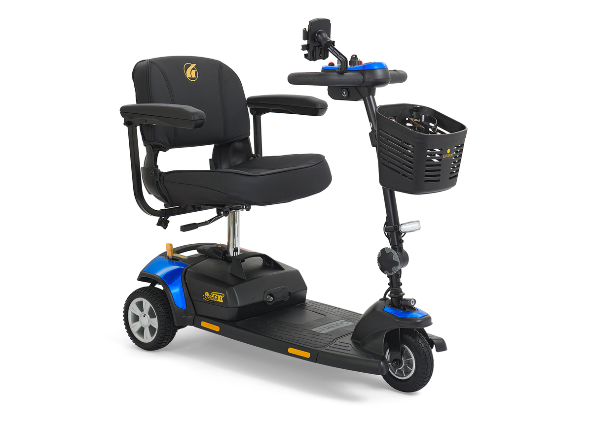 3-wheel power mobility scooter in blue and black with padded seat, armrests, front basket, phone mount, and tiller controls