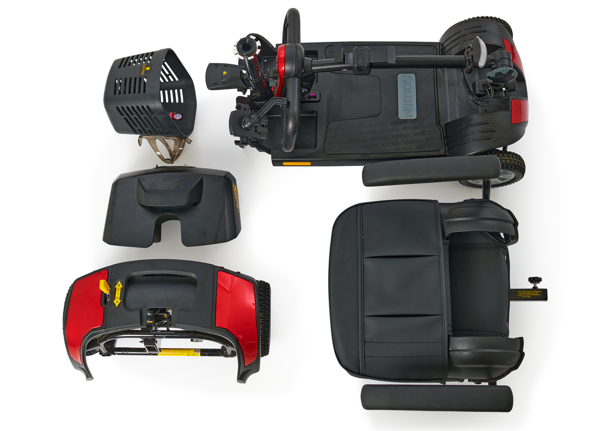 4-wheel mobility scooter disassembled into five parts: main chassis, seat, front shroud, tiller, and basket, shown from
