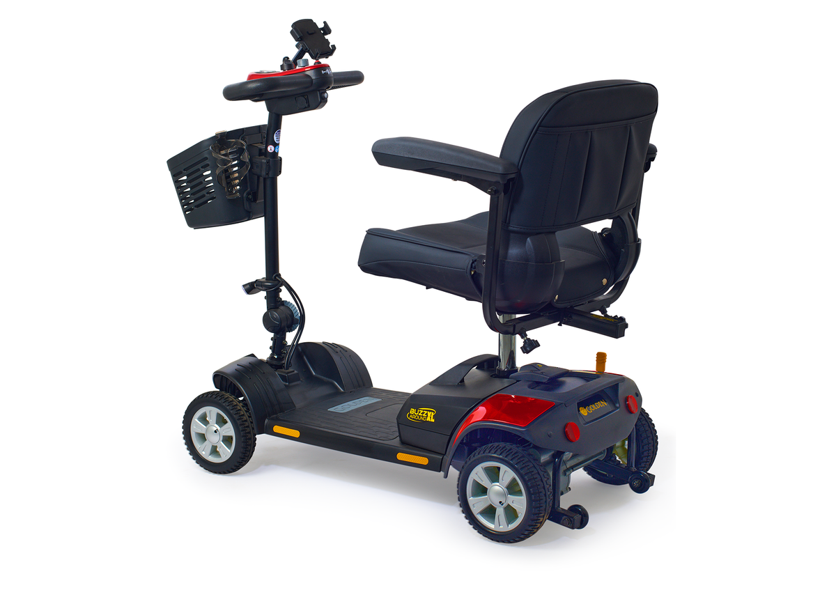 BuzzAround XL 4-wheel mobility scooter in navy and red with black padded seat, front basket, and tiller controls