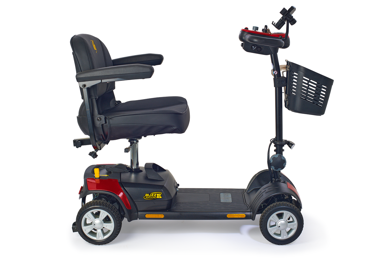 BuzzAround XL 4-wheel mobility scooter in red and black, side view, with padded seat, tiller controls, and front basket