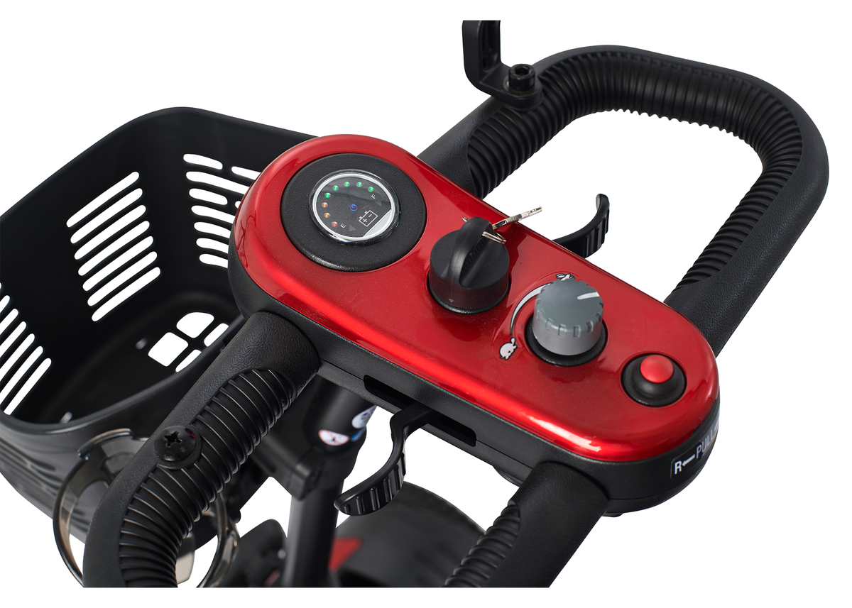 Mobility scooter tiller control panel in red with LED display, speed dial, key ignition, and front basket