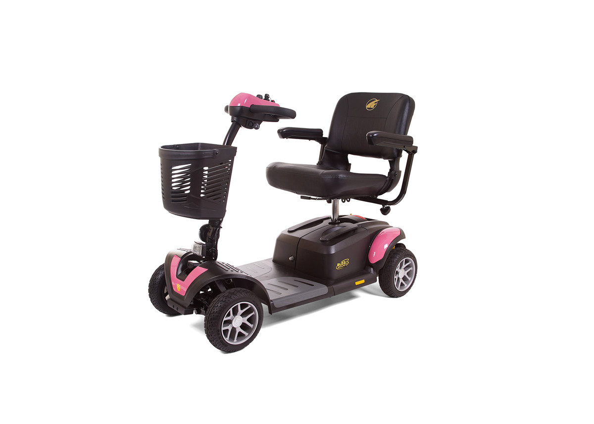 BuzzAround EX 4-wheel mobility scooter in black and pink with padded seat, armrests, tiller controls, and front storage