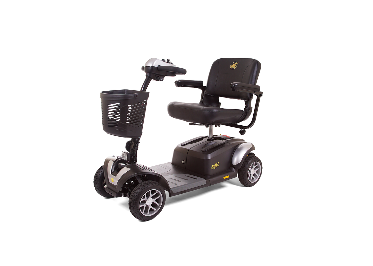 BuzzAround EX four-wheel mobility scooter in black and silver with padded seat, armrests, tiller controls, and front basket