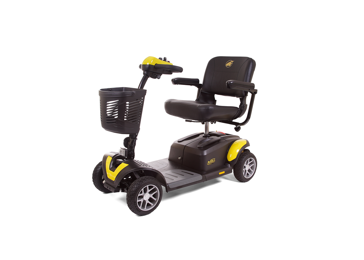 Four-wheel mobility scooter in black and yellow with padded seat, armrests, tiller controls, and front basket