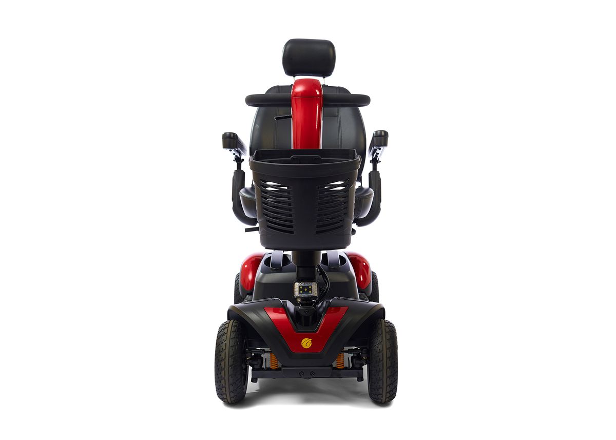 4-wheel mobility scooter in red and black with padded seat, headrest, front basket, and delta tiller, front view
