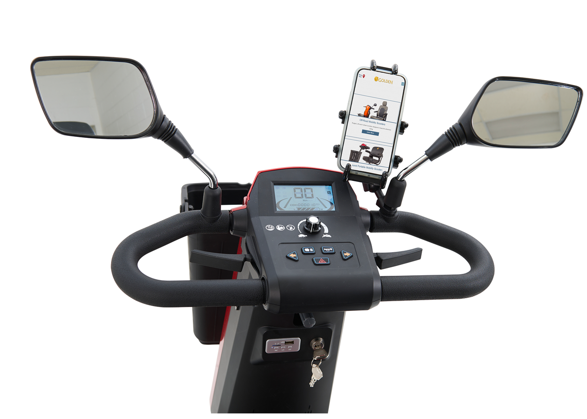 Power scooter tiller with digital display, control buttons, dual rearview mirrors, phone mount, and ignition key