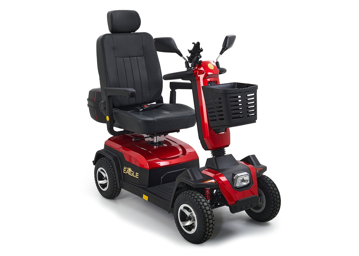 4-wheel heavy-duty mobility scooter in red with black captain seat, front basket, tiller steering, and rear storage