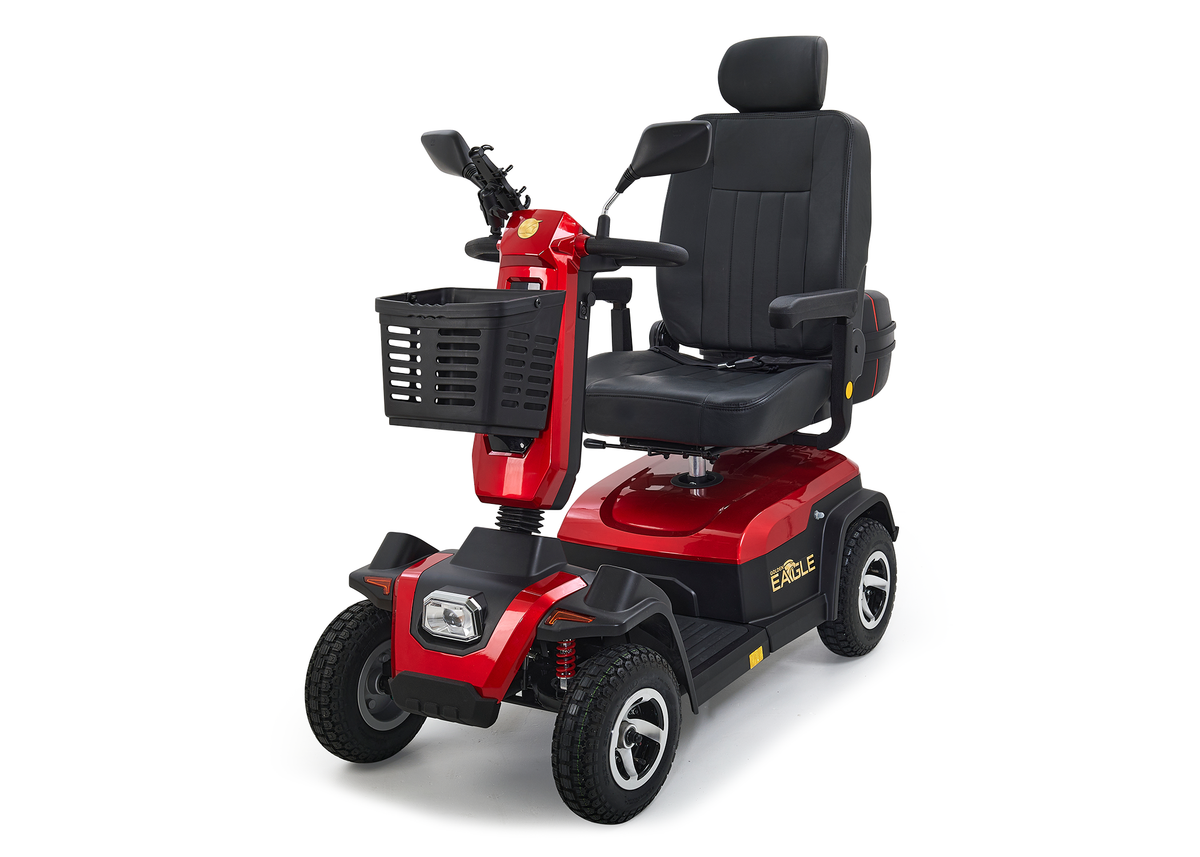 Four-wheel heavy-duty mobility scooter in red with black captain's seat, headrest, front basket, and large all-terrain tires