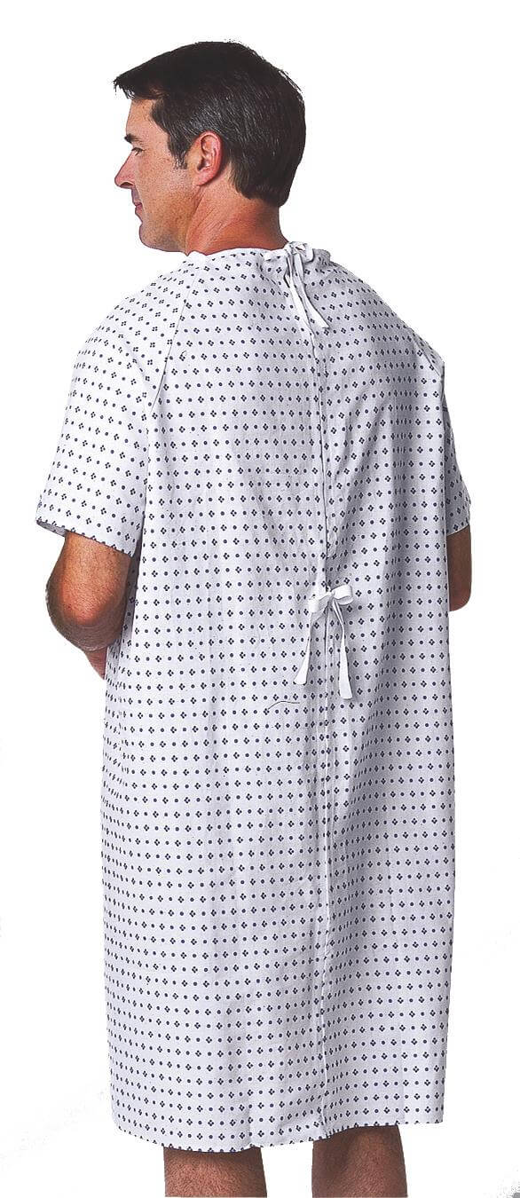 Patient gown with white and navy print pattern, tie back closure, short sleeves, worn by a man facing away
