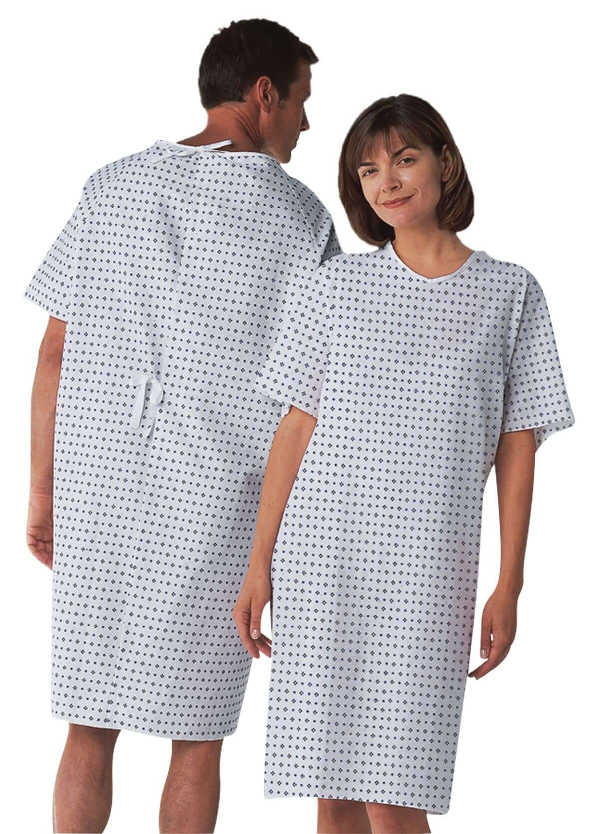 Patient gown with small diamond print shown from front and back on two models, short sleeves, tie closure at back neck