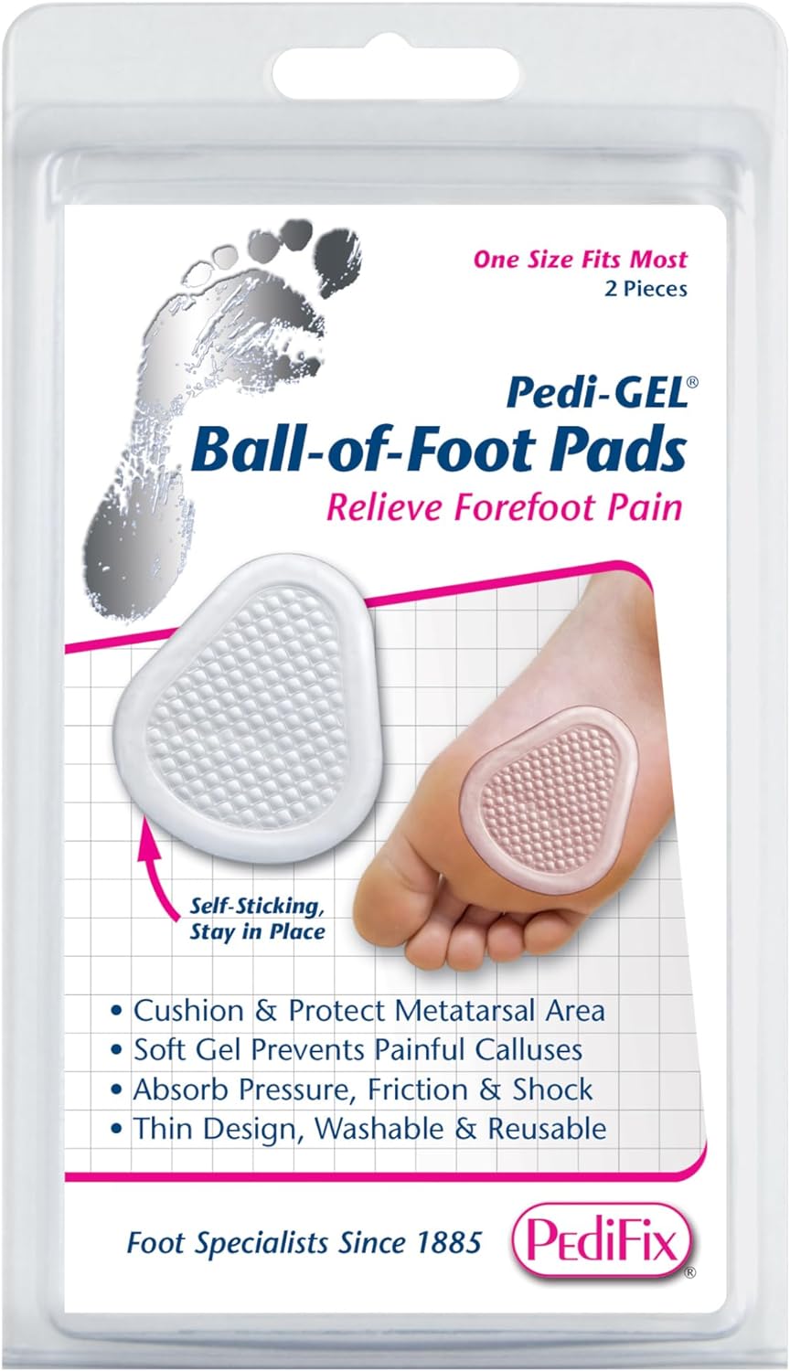 Ball-of-foot gel pads in clear blister packaging, shown alone and applied to the ball of a bare foot