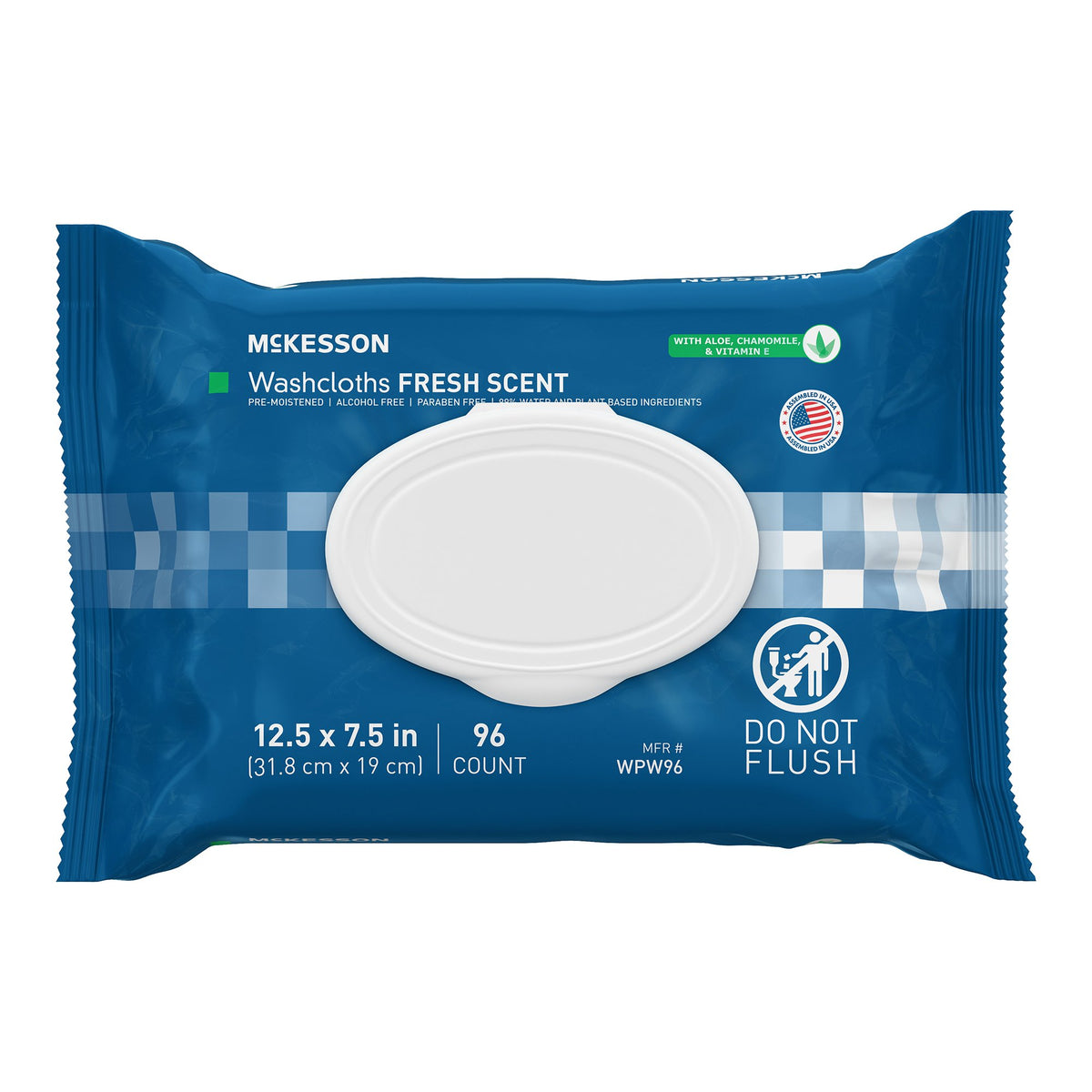 Pre-moistened washcloth wipes in blue soft pack with oval flip-top lid, 96 count, fresh scent, do not flush label