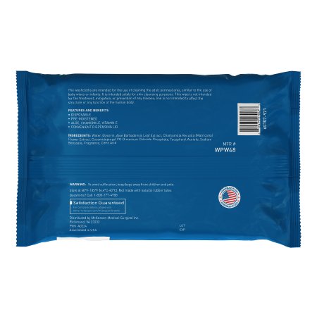 Personal cleansing wipes soft pack back panel showing ingredients, warnings, and satisfaction guarantee label on blue