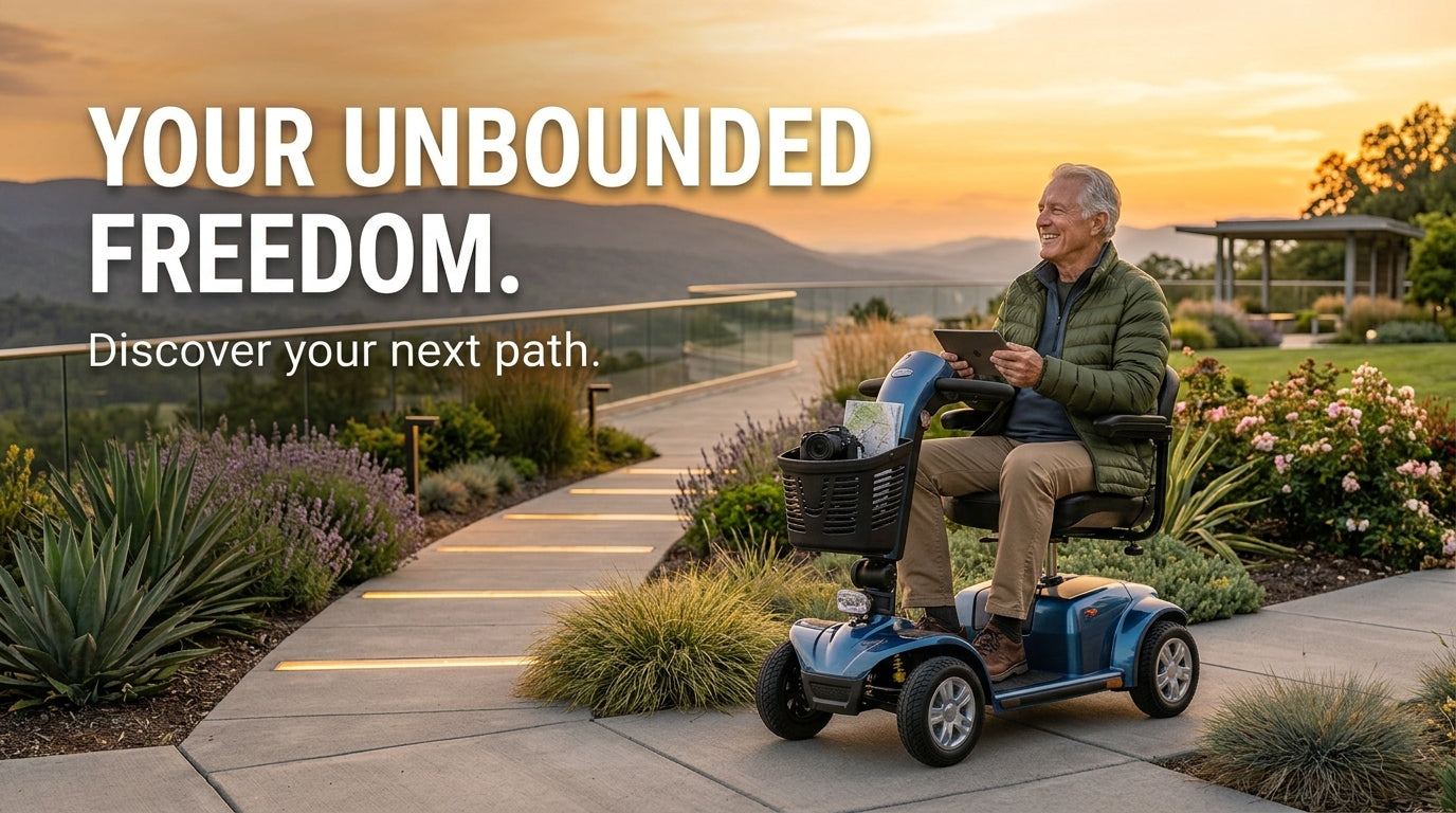 An older man sits on a blue mobility scooter on a landscaped outdoor path at sunset, with large overlaid text reading 'YOUR UNBOUNDED FREEDOM. Discover your next path.