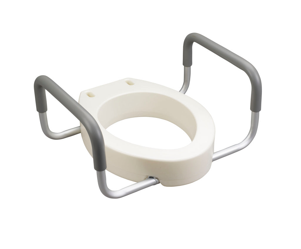 Raised toilet seat riser with removable gray metal armrails and white plastic seat, shown on white background
