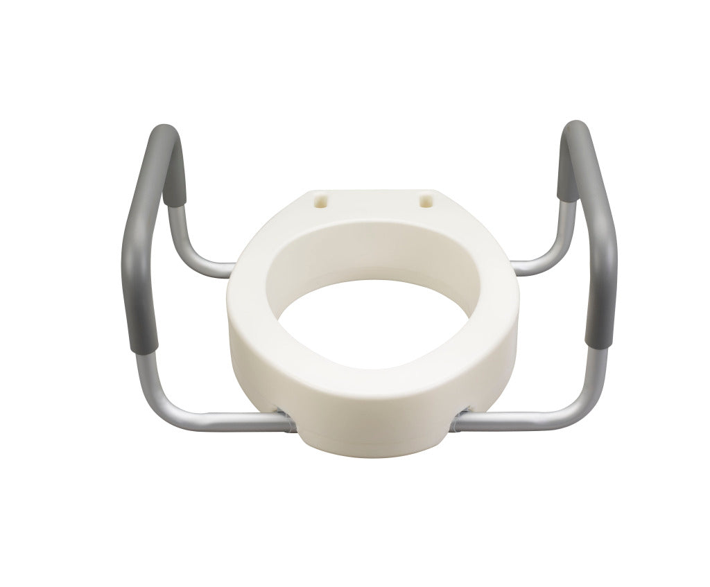 Raised toilet seat riser with removable aluminum armrests and white plastic seat, shown from front on white background