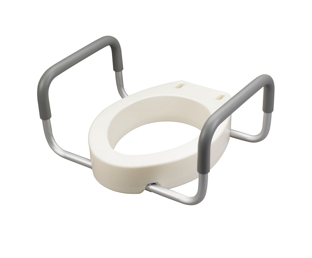 Raised toilet seat riser with removable gray padded aluminum armrails and white plastic seat, shown on white background