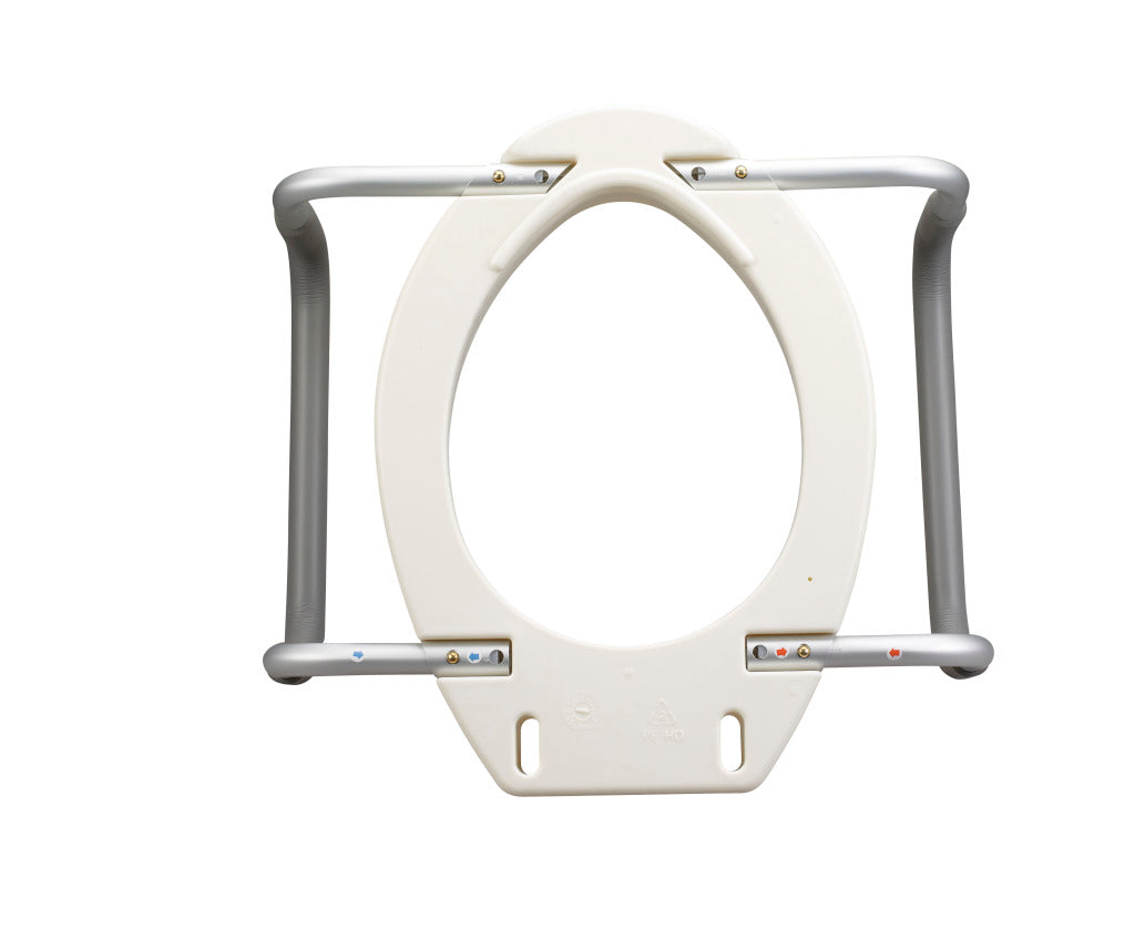 Raised toilet seat riser with removable silver metal arms, white plastic open-front seat, viewed from above on white