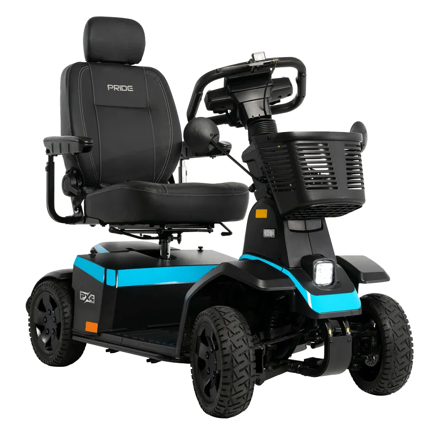 Pride PX4 heavy-duty 4-wheel mobility scooter in black with blue accent stripe, large tires, padded captain's seat, and