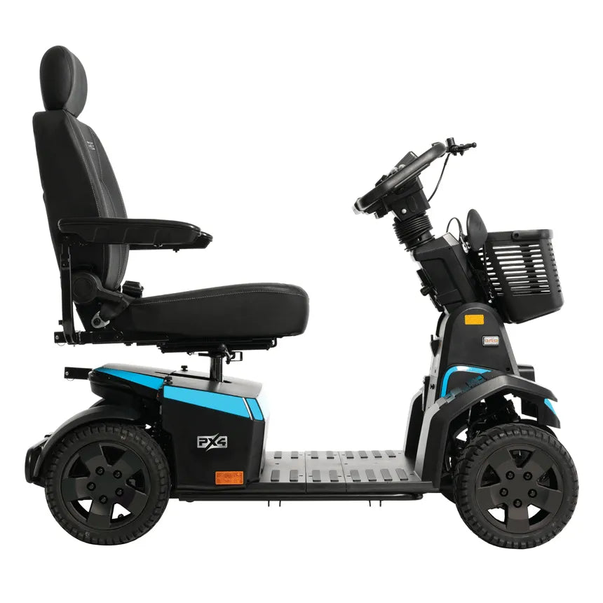 Power mobility scooter with black high-back seat, tiller steering, front basket, blue accent panels, and four large