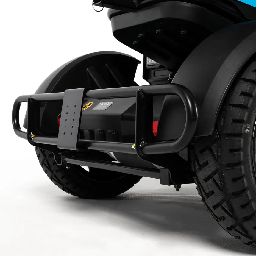 Power scooter rear section showing black battery compartment with protective bumper guard and knobby rear tires on white
